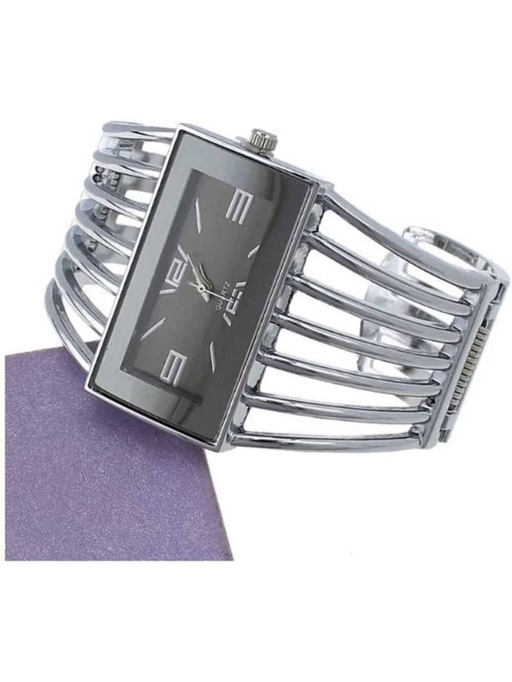 Women's Silver Analog Quartz Rectangular Dial Hollow Luxury Cuff Bracelet Watch